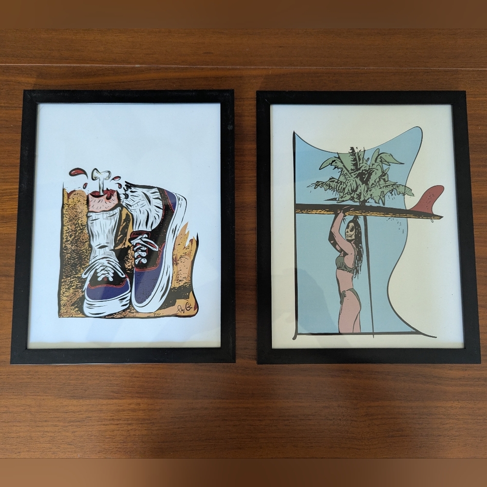 Halloween Spooky Art Prints Framed 12"x9" Vans With Bone Skeleton Surf Babe